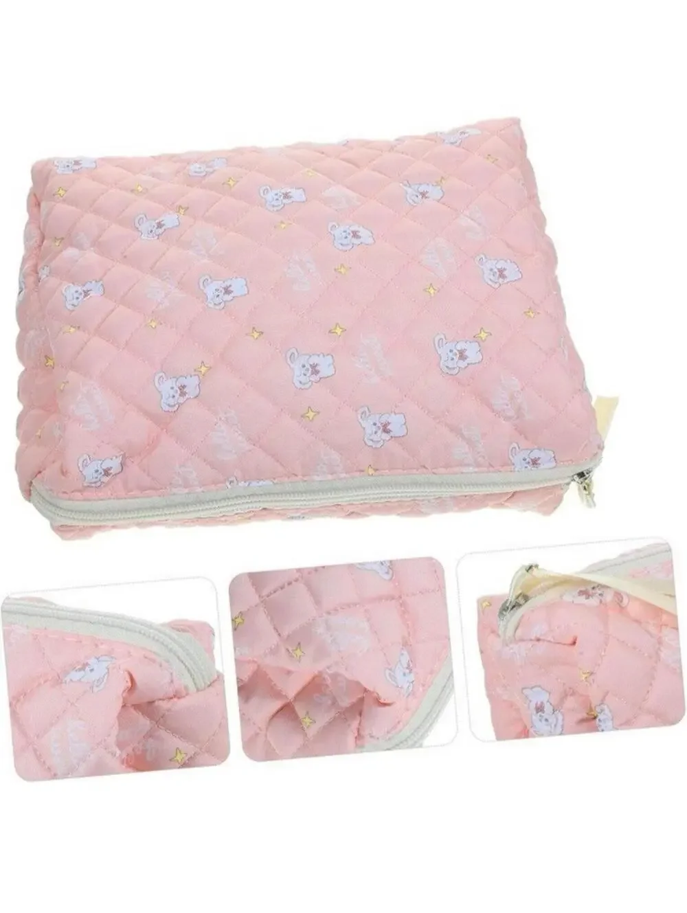 Quilted Kawaii Pink Rabbit Makeup Bag Soft Cute Toiletry Cosmetic Travel Pouch